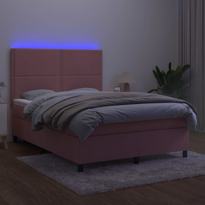 Łóżko kontynentalne z materacem i LED, różowy aksamit 140x200cm
