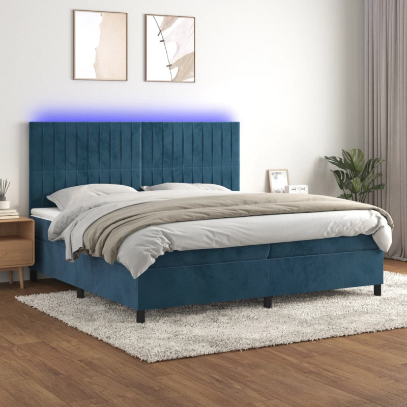 Łóżko kontynentalne, materac i LED, niebieski aksamit 200x200cm