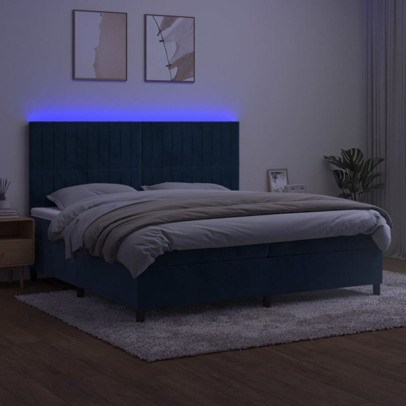 Łóżko kontynentalne, materac i LED, niebieski aksamit 200x200cm