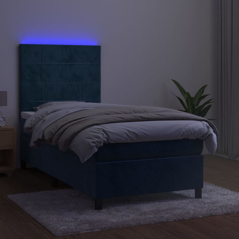 Łóżko kontynentalne, materac i LED, niebieski aksamit 80x200 cm