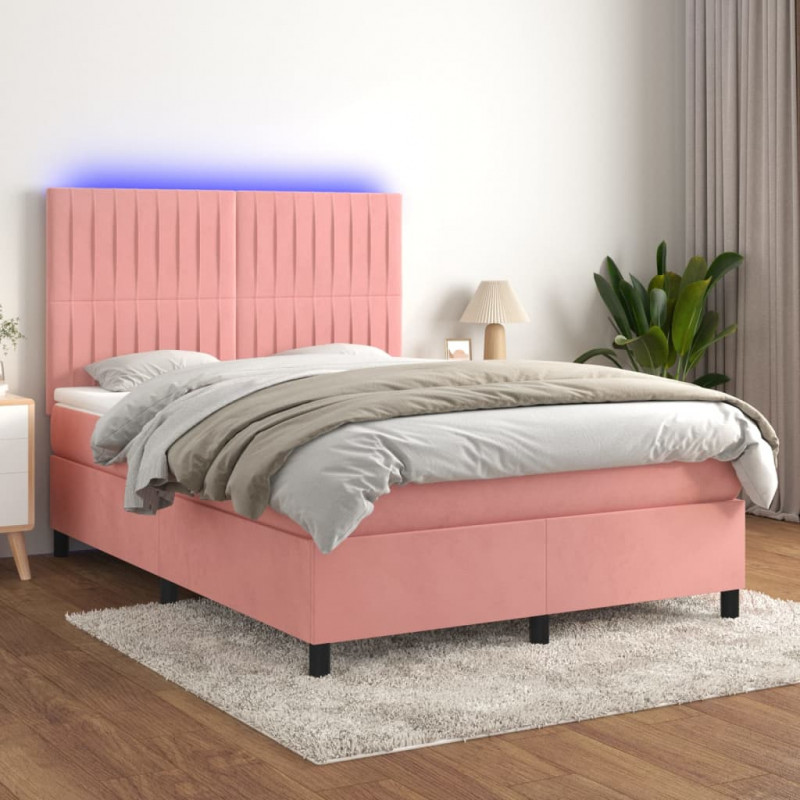 Łóżko kontynentalne z materacem i LED, różowy aksamit 140x190cm