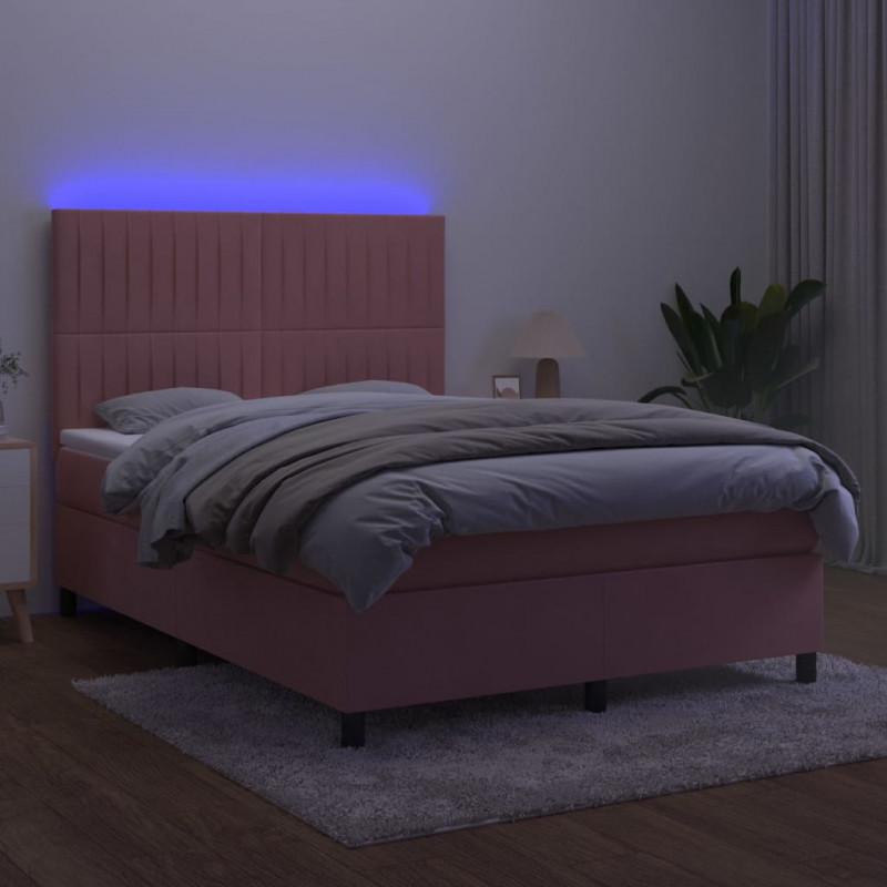 Łóżko kontynentalne z materacem i LED, różowy aksamit 140x190cm