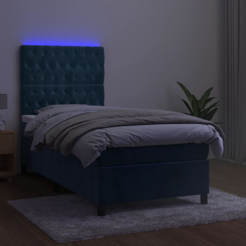 Łóżko kontynentalne, materac i LED, niebieski aksamit 80x200 cm