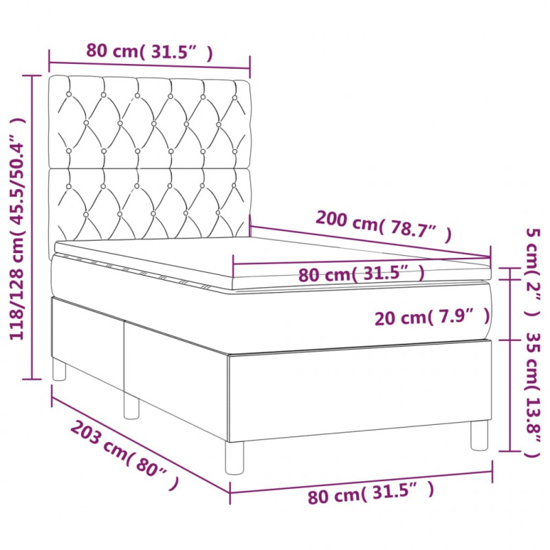 Łóżko kontynentalne, materac i LED, niebieski aksamit 80x200 cm