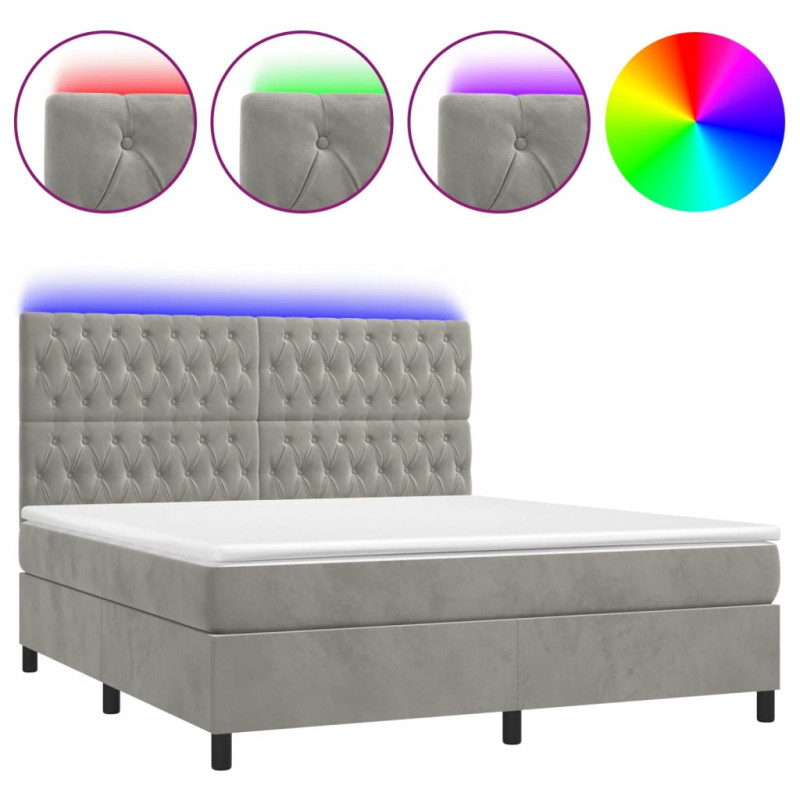 Łóżko kontynentalne z materacem i LED, szare 180x200cm, aksamit