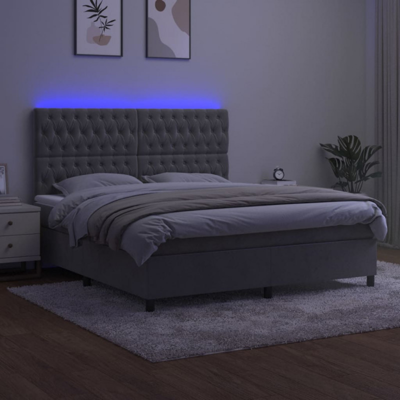 Łóżko kontynentalne z materacem i LED, szare 180x200cm, aksamit