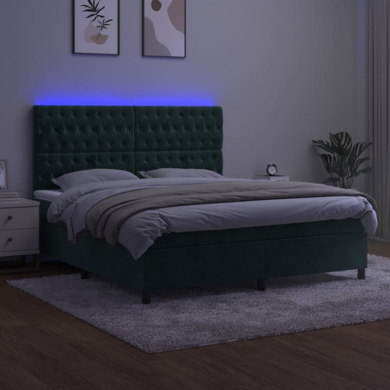 Łóżko kontynentalne z materacem i LED zielony aksamit 180x200cm