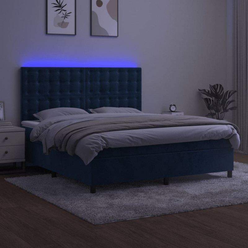 Łóżko kontynentalne, materac i LED, niebieski aksamit 180x200cm