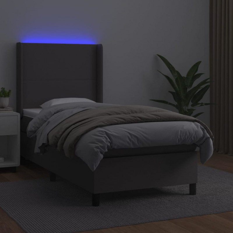 Łóżko kontynentalne z materacem i LED, szara ekoskóra 100x200cm