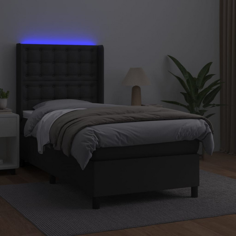Łóżko kontynentalne z materacem i LED czarna ekoskóra 90x200 cm