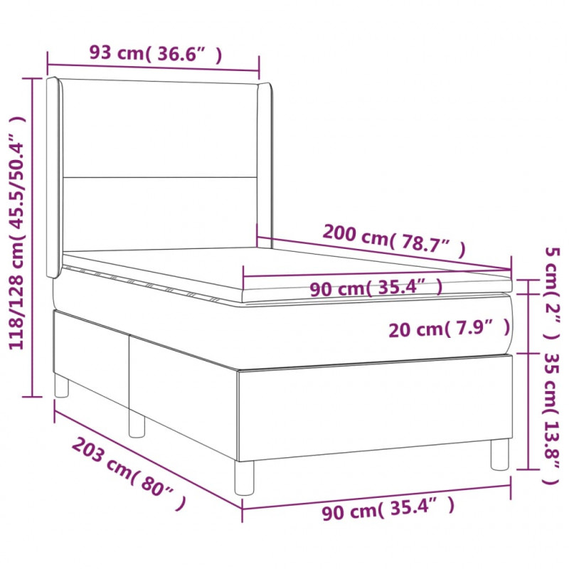 Łóżko kontynentalne, materac i LED, niebieski aksamit 90x200 cm