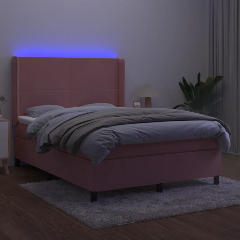 Łóżko kontynentalne z materacem i LED, różowy aksamit 140x200cm