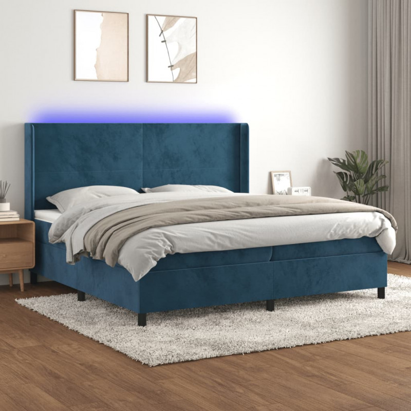 Łóżko kontynentalne, materac i LED, niebieski aksamit 200x200cm