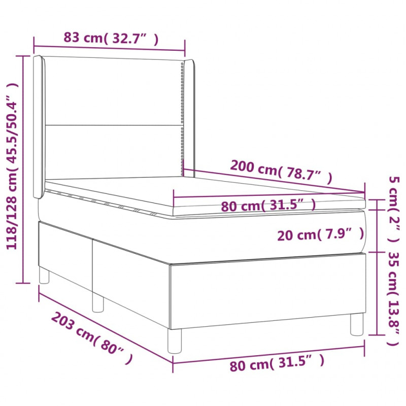 Łóżko kontynentalne, materac i LED, niebieski aksamit 80x200 cm