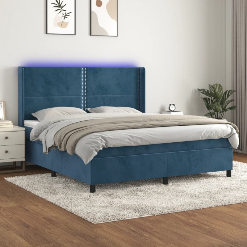 Łóżko kontynentalne, materac i LED, niebieski aksamit 160x200cm