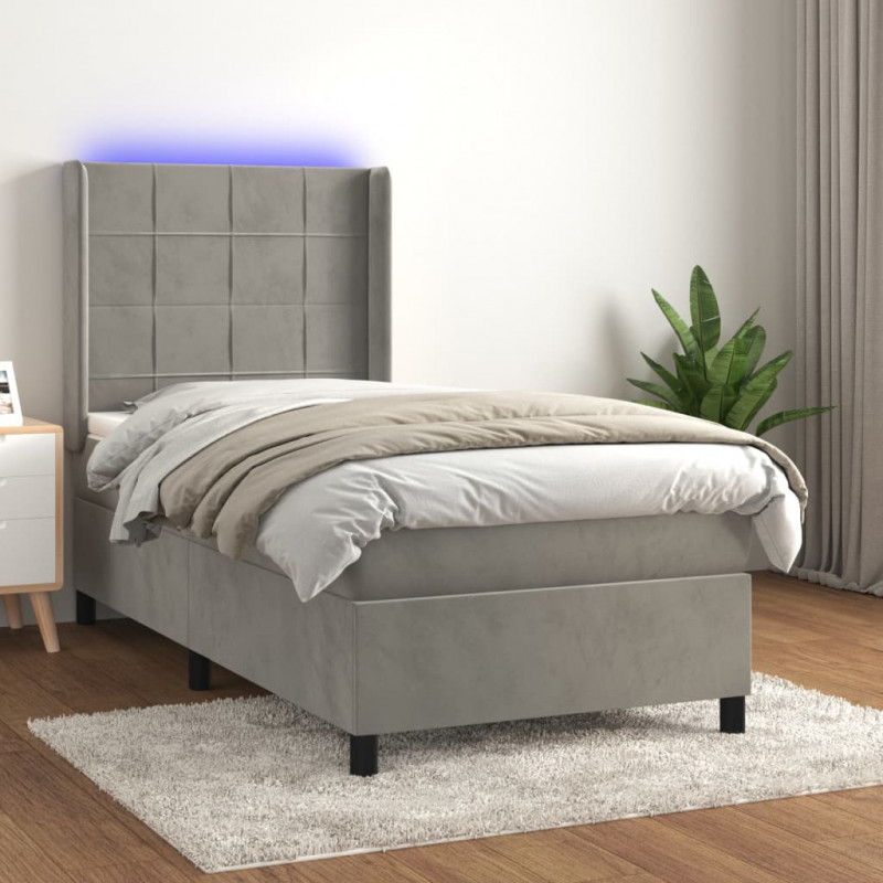 Łóżko kontynentalne z materacem i LED, szare 90x200 cm, aksamit