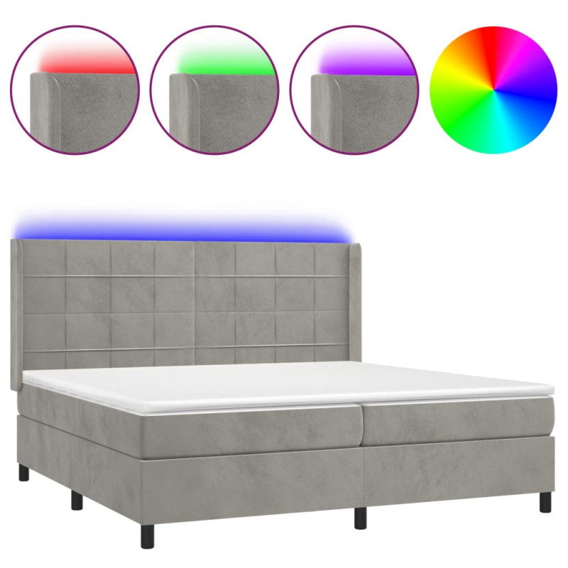 Łóżko kontynentalne z materacem i LED, szare 200x200cm, aksamit