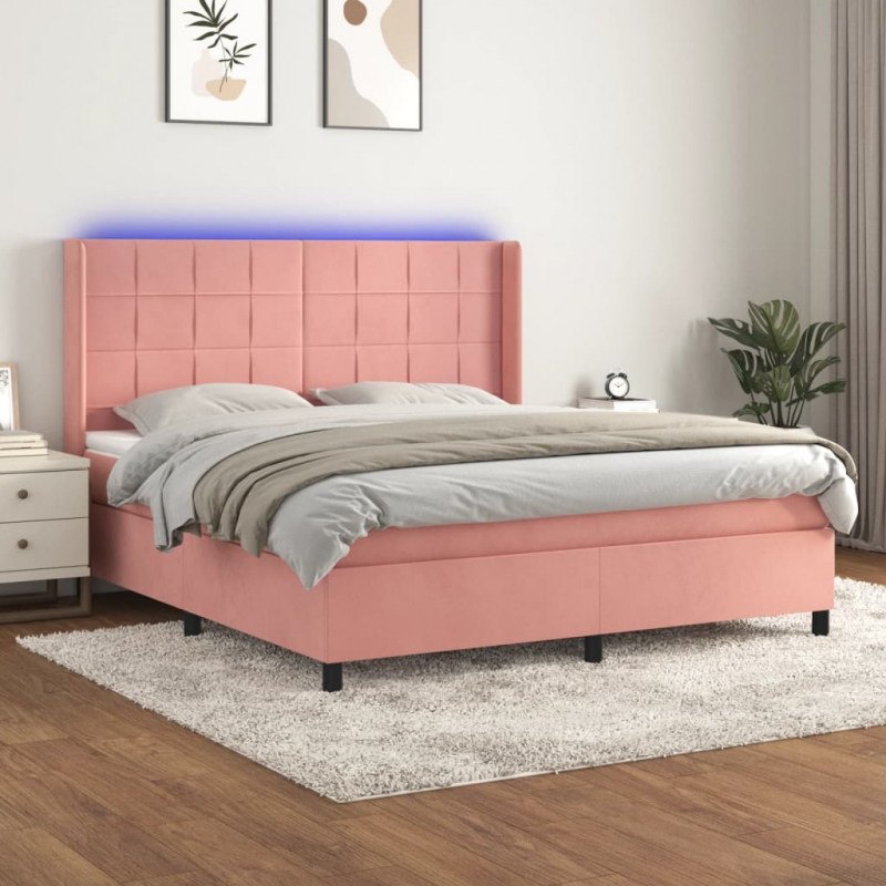 Łóżko kontynentalne z materacem i LED, różowy aksamit 160x200cm