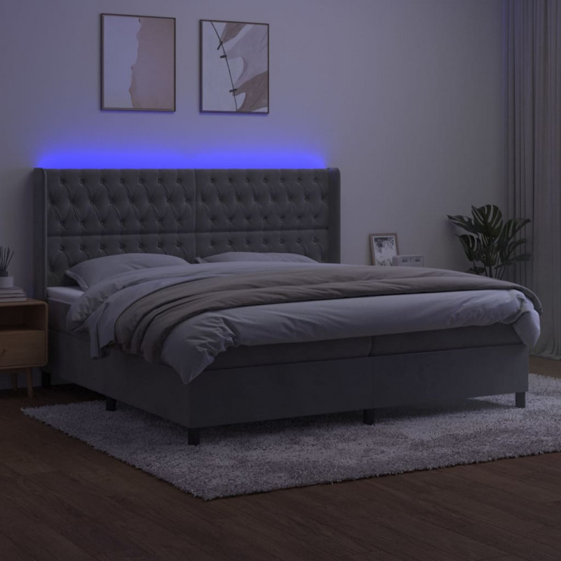 Łóżko kontynentalne z materacem i LED, szare 200x200cm, aksamit