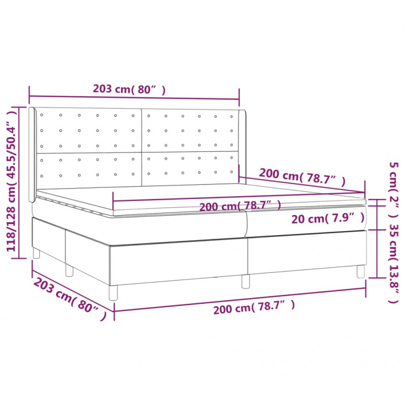 Łóżko kontynentalne, materac i LED, niebieski aksamit 200x200cm