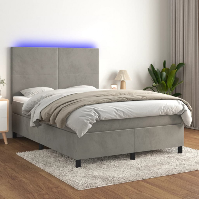 Łóżko kontynentalne z materacem i LED, szare 140x200cm, aksamit
