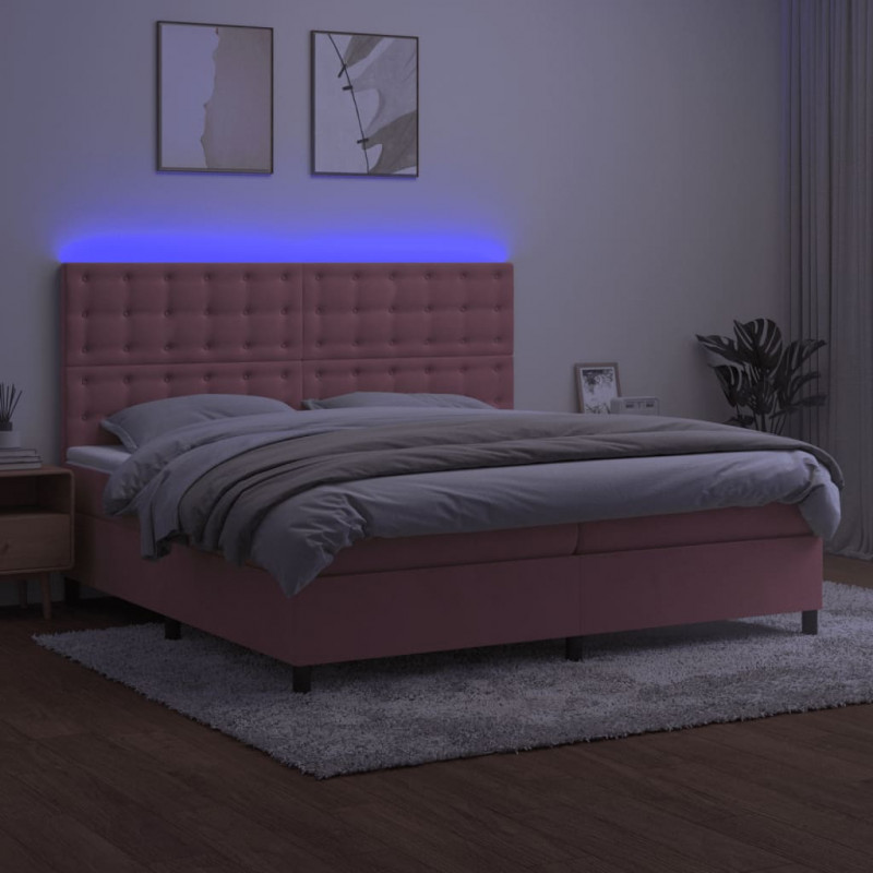 Łóżko kontynentalne z materacem i LED, różowy aksamit 200x200cm