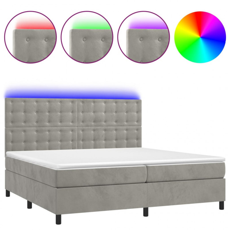 Łóżko kontynentalne z materacem i LED, szare 200x200cm, aksamit