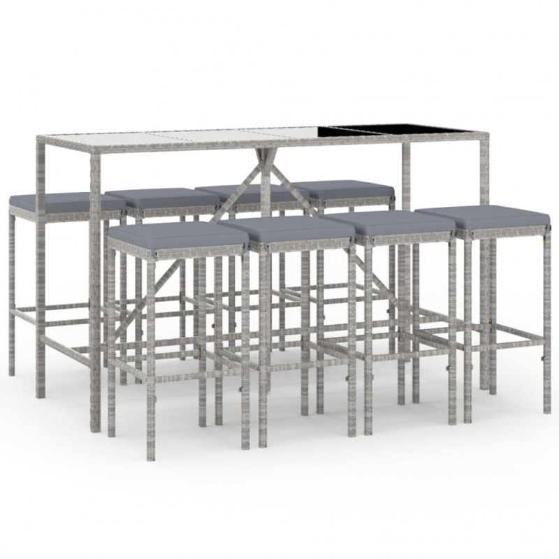9-cz. zestaw mebli barowych z poduszkami, szary, polirattan
