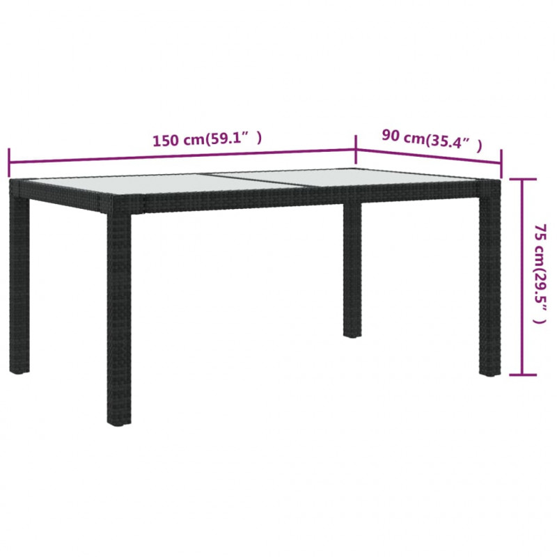 Stół ogrodowy, 150x90x75 cm, szkło i rattan PE, czarny