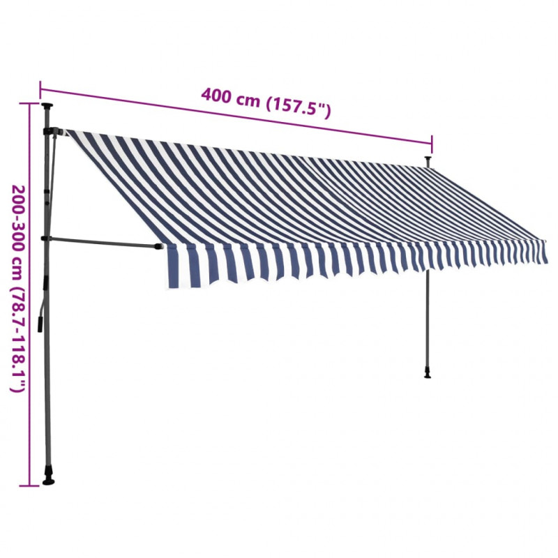 Ręcznie zwijana markiza z LED, 400 cm, niebiesko-biała
