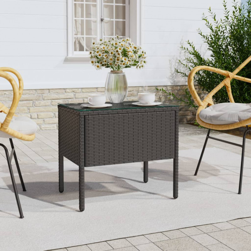 Stolik boczny, czarny, 53x37x48 cm, rattan PE i szkło hartowane