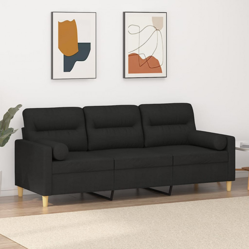 3-osobowa sofa z poduszkami, czarna, 180 cm, tkanina