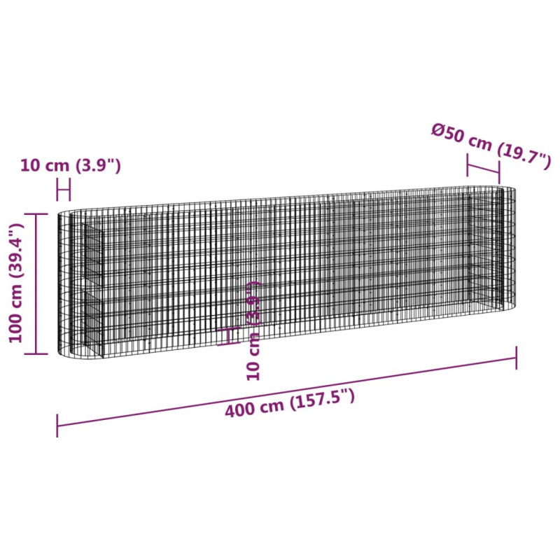 Podwyższona donica gabionowa galwanizowane żelazo 400x50x100 cm