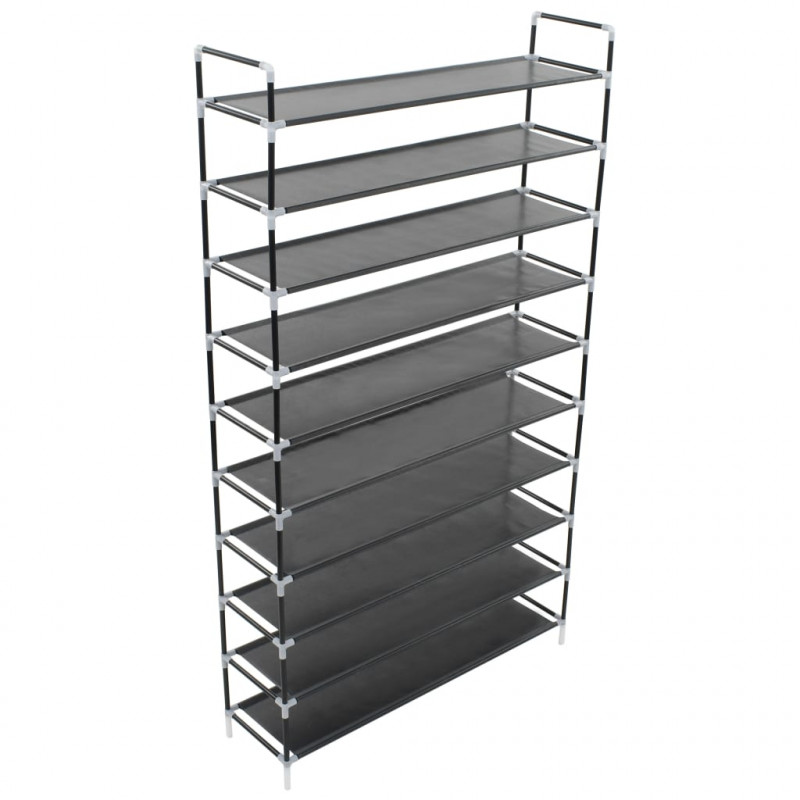 Stojak na buty z 10 półkami, metal i włóknina, czarny