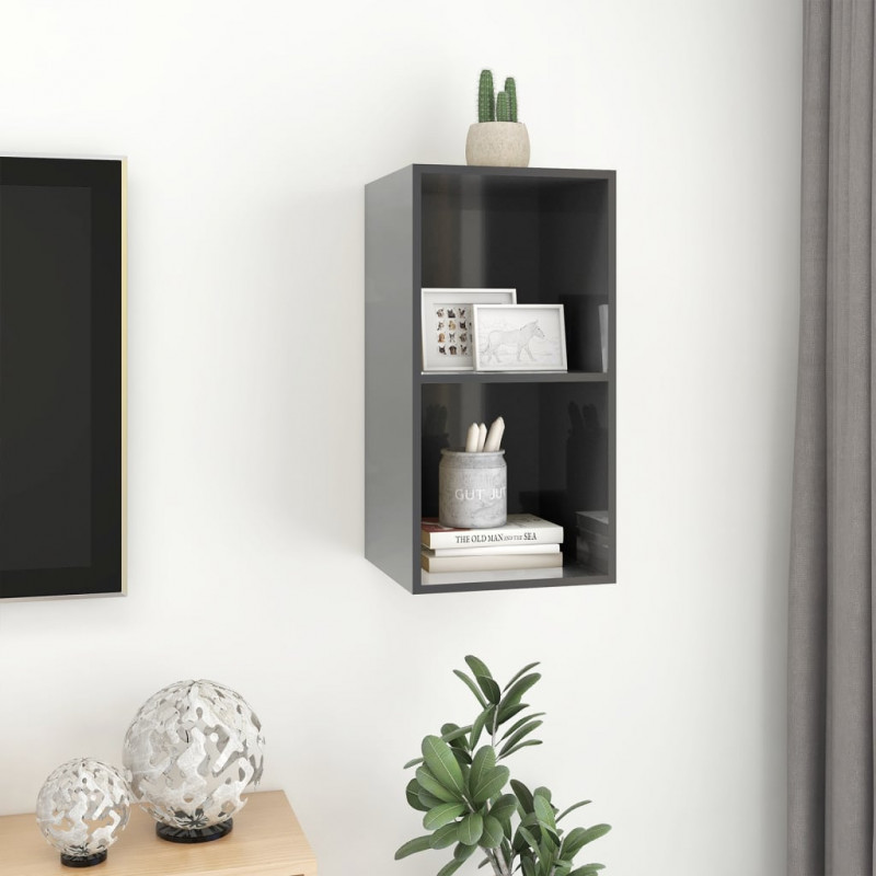 Wisząca szafka pod TV, wysoki połysk, szara, 37x37x72 cm