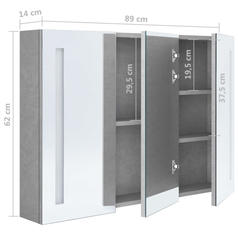 Szafka łazienkowa z lustrem i LED, 89x14x62 cm, szarość betonu