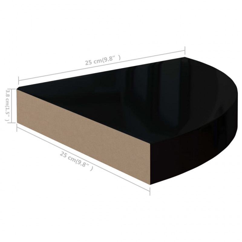 Narożna półka ścienna, wysoki połysk, czarna, 25x25x3,8 cm, MDF