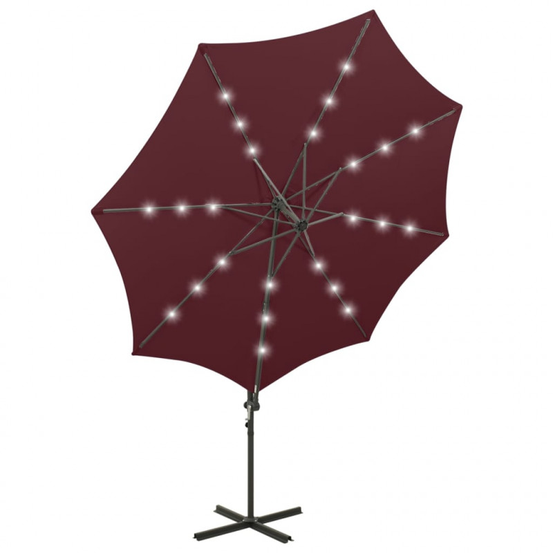 Parasol wiszący z LED i słupkiem, bordowy, 300 cm