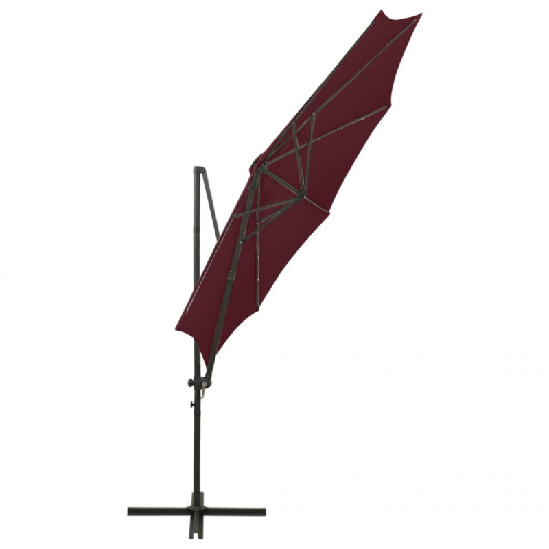 Parasol wiszący z LED i słupkiem, bordowy, 300 cm