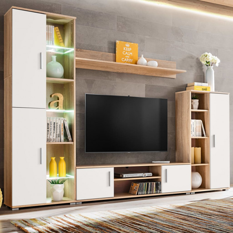 Meblościanka pod TV z oświetleniem LED, dąb sonoma i biały