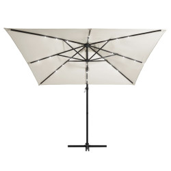 Parasol wiszący z LED i stalowym słupkiem, 250x250 cm, piaskowy