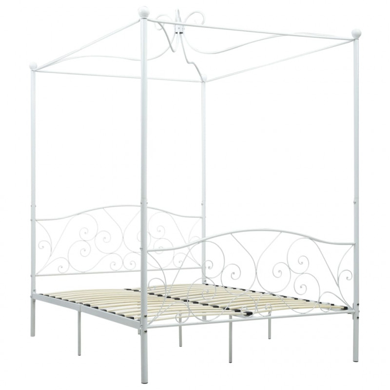 Rama łóżka z baldachimem, biała, metalowa, 140 x 200 cm