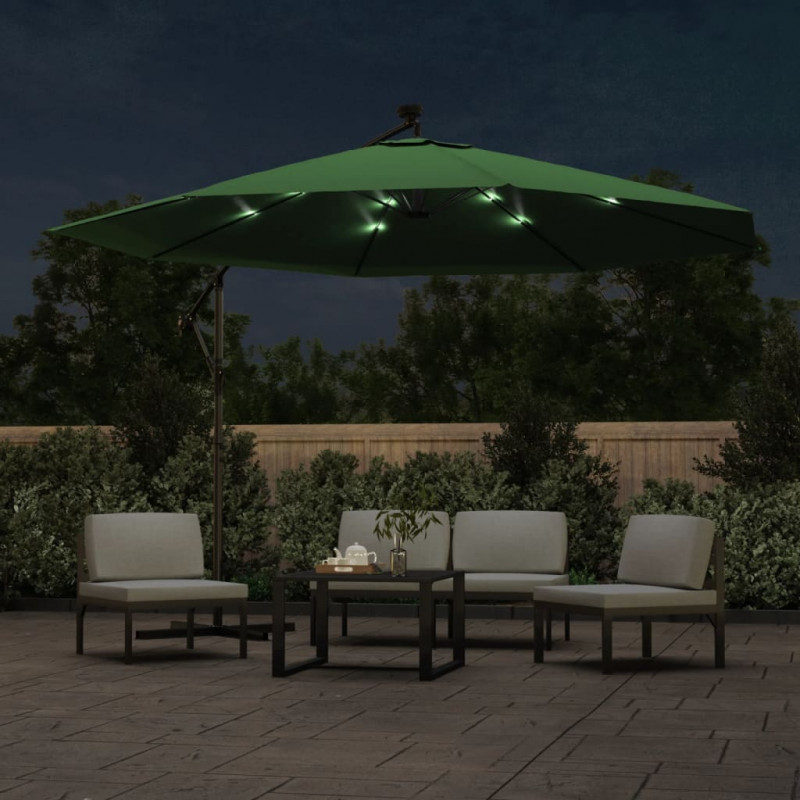 Parasol wiszący z LED i metalowym słupkiem, 350 cm, zielony