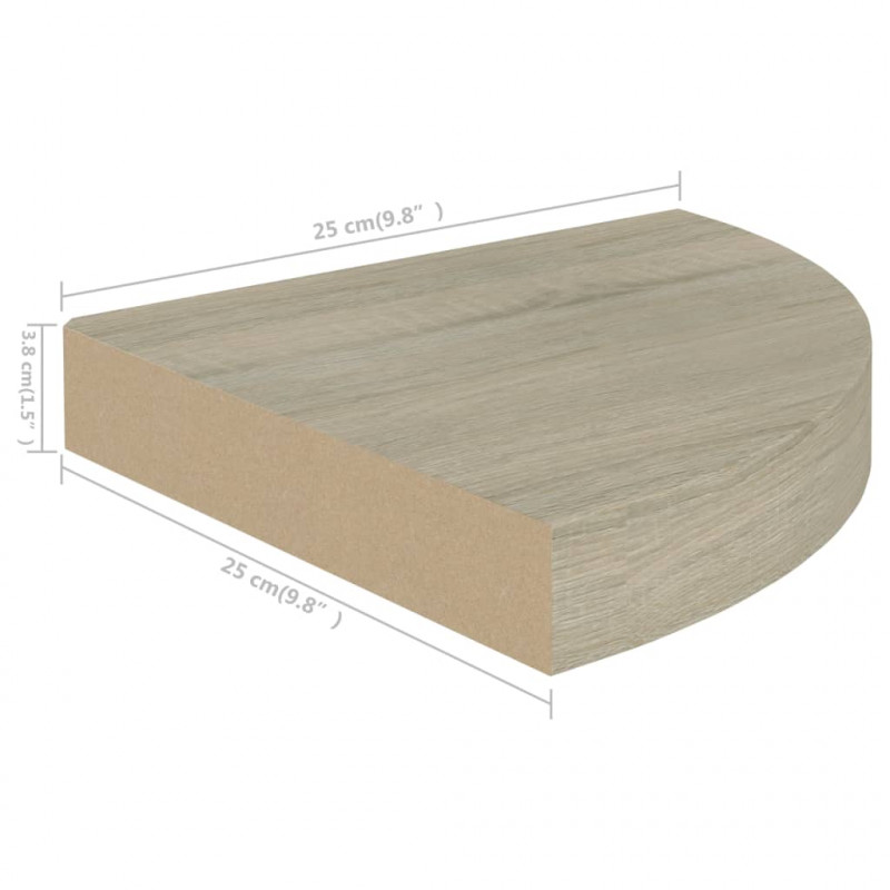 Narożne półki ścienne, 2 szt., kolor dębowy, 25x25x3,8 cm, MDF