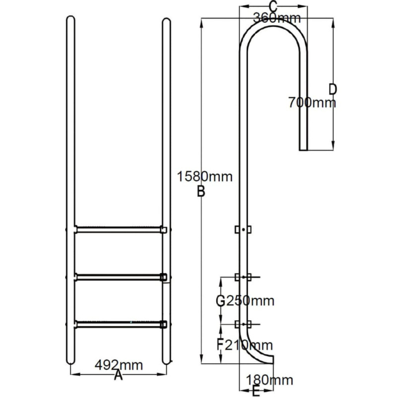 Drabinka basenowa z 3 stopniami, stal nierdzewna 304, 120 cm