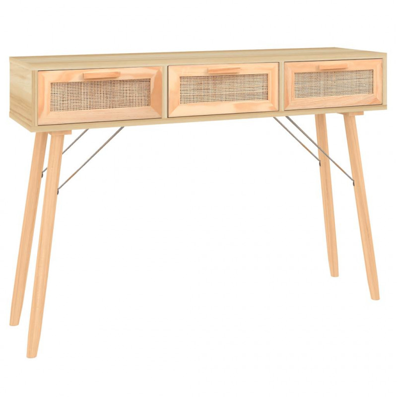 Stolik konsolowy, brązowy, 105x30x75 cm, lita sosna i rattan