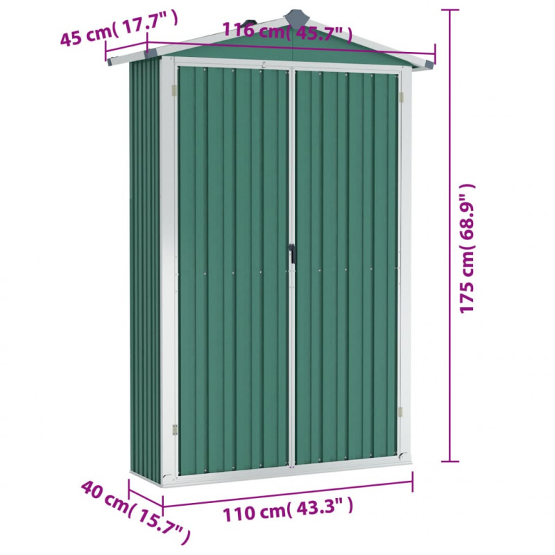 Szopa ogrodowa, zielona, 116x45x175 cm, stal galwanizowana