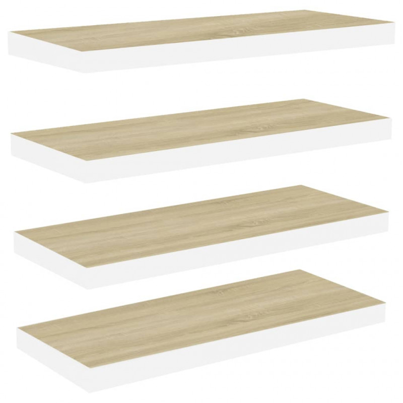 Półki ścienne, 4 szt., kolor dębu i biel, 60x23,5x3,8 cm, MDF