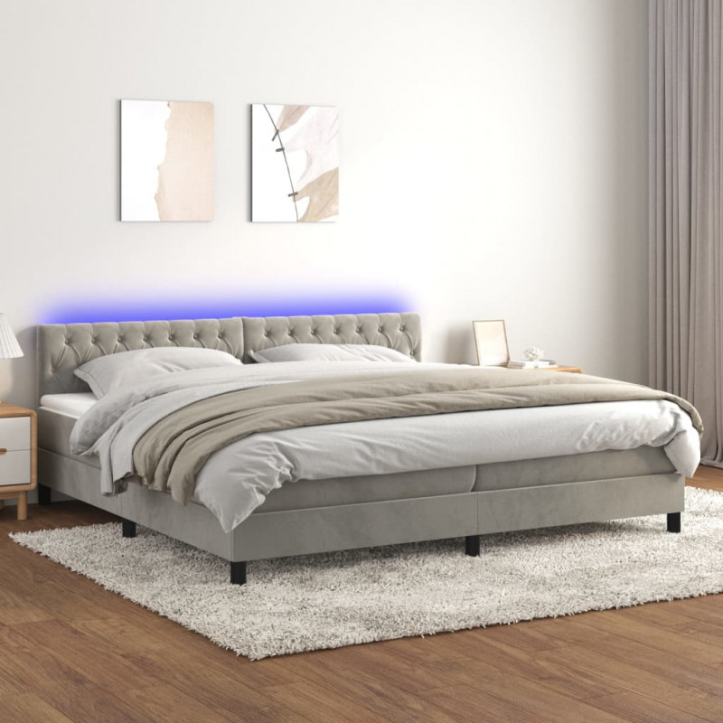 Łóżko kontynentalne z materacem i LED, szare 200x200cm, aksamit