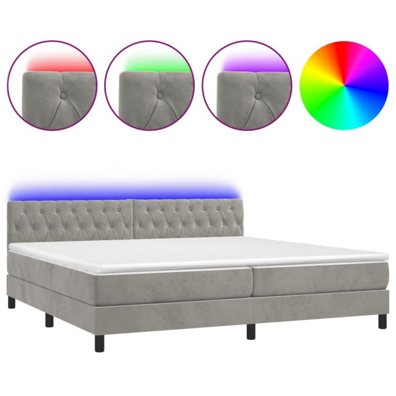 Łóżko kontynentalne z materacem i LED, szare 200x200cm, aksamit